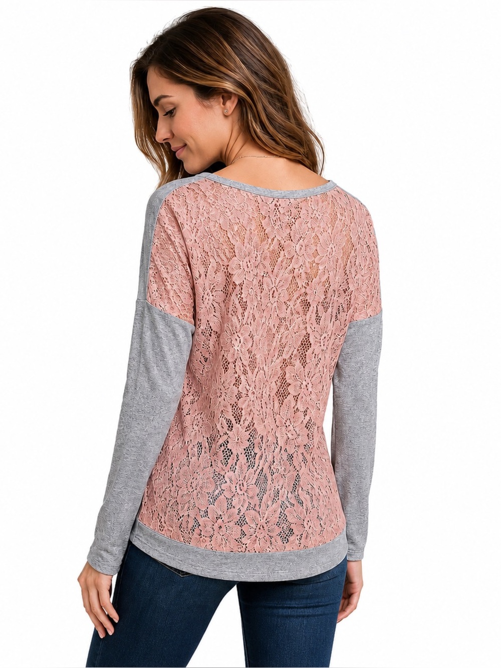 HANNAH Gray Pink Lace Back Long Sleeve Knit Top Women’s Size Small